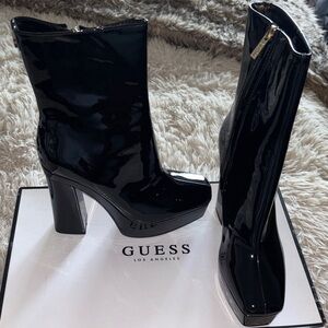 GUESS Black Patent Platform Ankle Boots with Block Heel